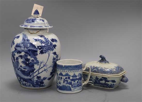 A Nanking blue and white tureen, a Chinese blue and white inverted pyriform vase and cover, Kangxi mark (a.f) and a blue and white mug